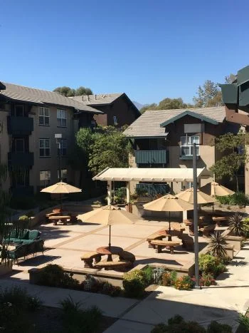 Sunny courtyard with picnic tables, umbrellas, and garden landscaping, surrounded by multi-story senior living apartment buildings.