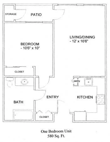 Floor plan of a one-bedroom apartment with kitchen, bath, patio, and storage.