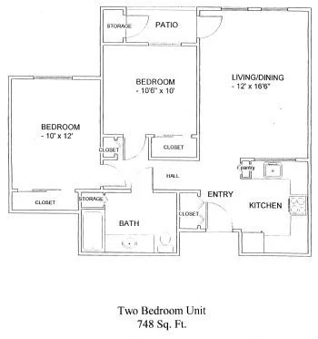 Floor plan of a two-bedroom apartment with kitchen, bath, and patio.